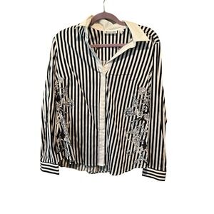 New York & Company 7th Avenue Button-Up Shirt Women L White Stripped Long Sleeve